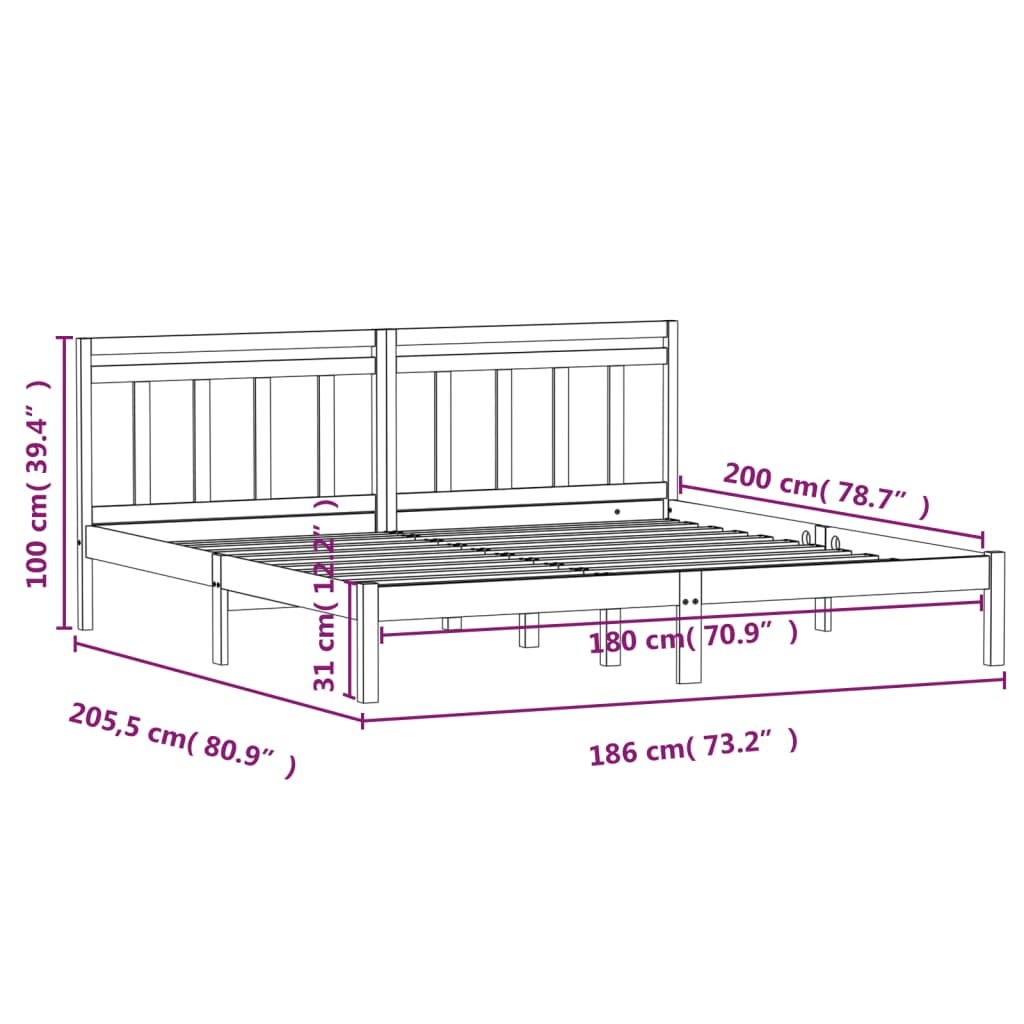 vidaXL Okvir za krevet od masivnog drva crni 180 x 200 cm 6FT bračni