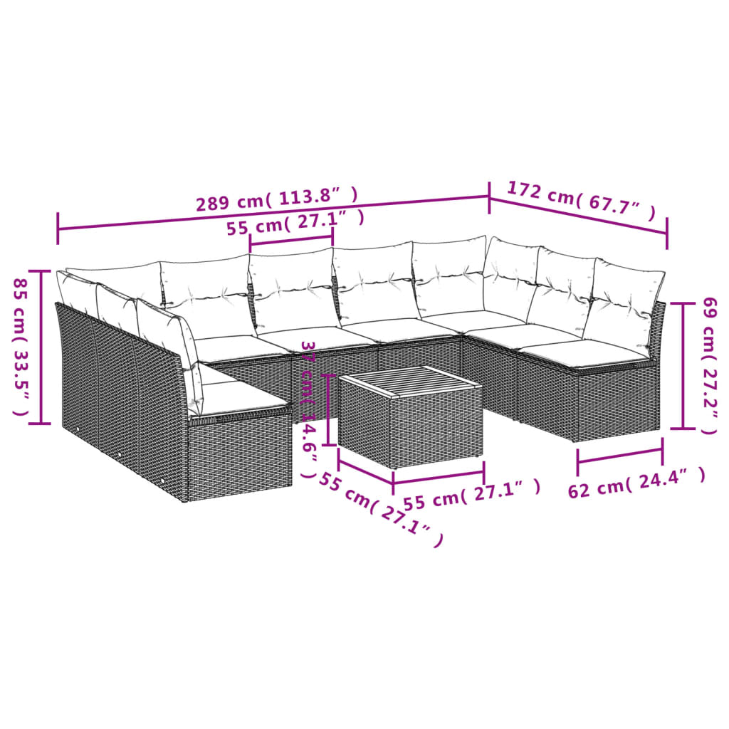 vidaXL 10-dijelni set vrtnih sofa s jastucima bež od poliratana