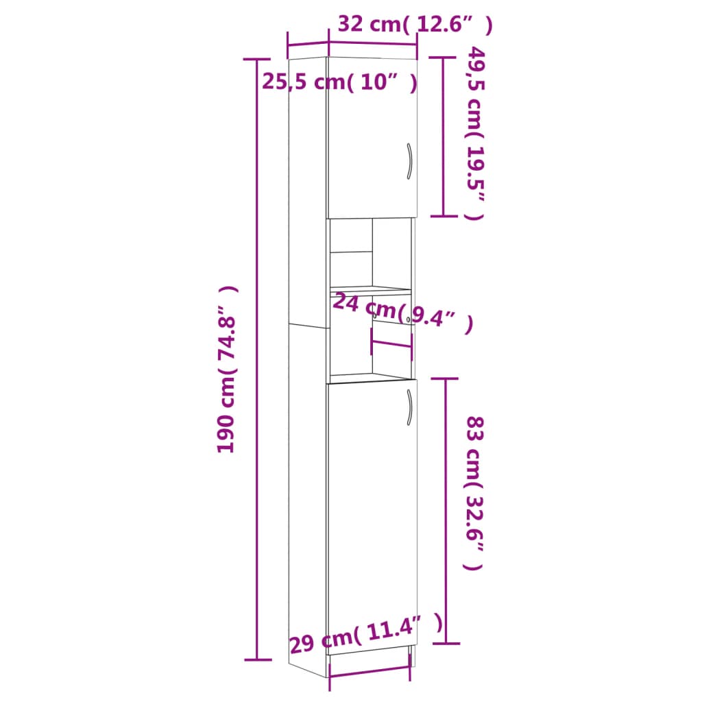 vidaXL Kupaonski ormarić boja hrasta 32x25,5x190 cm konstruirano drvo