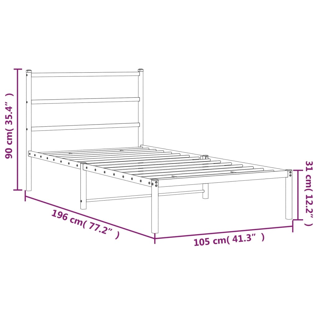 vidaXL Metalni okvir za krevet s uzglavljem crni 100x190 cm