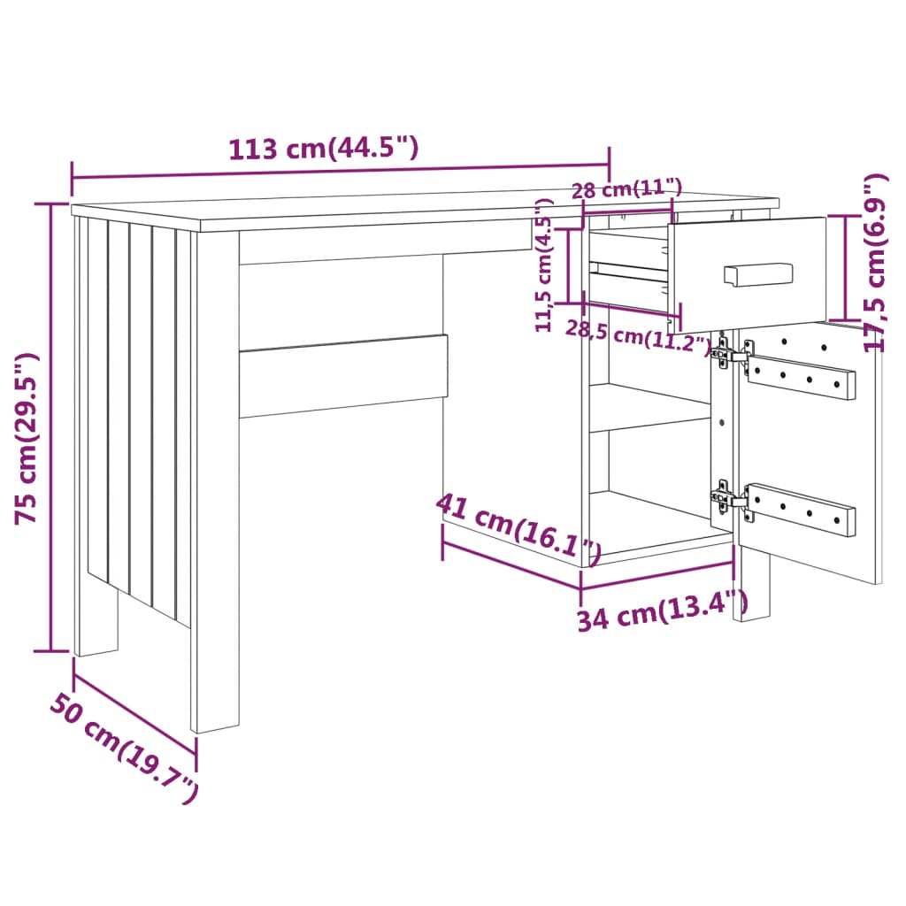 vidaXL Radni stol HAMAR boja meda 113 x 50 x 75 cm od masivne borovine