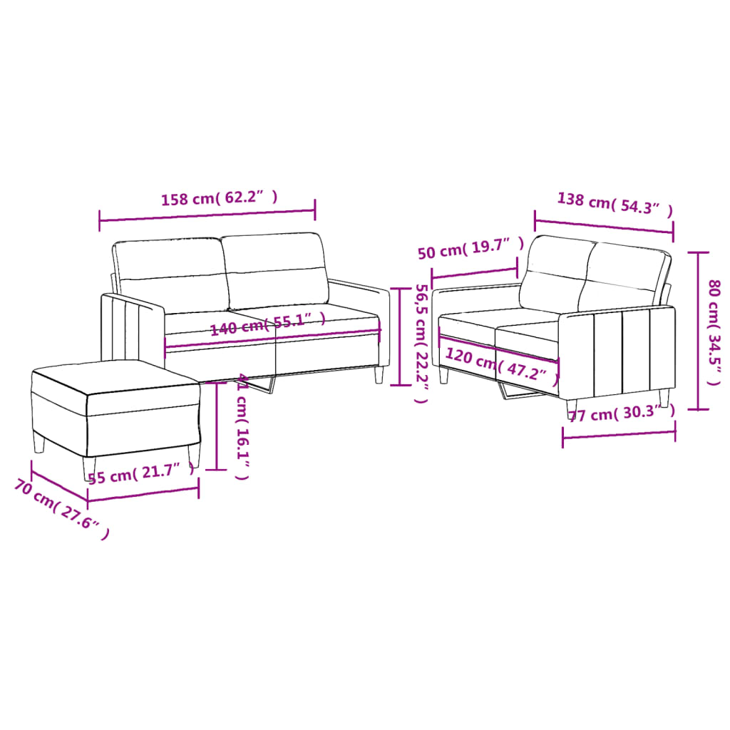 vidaXL 3-dijelni set sofa s jastucima svjetlosivi od tkanine