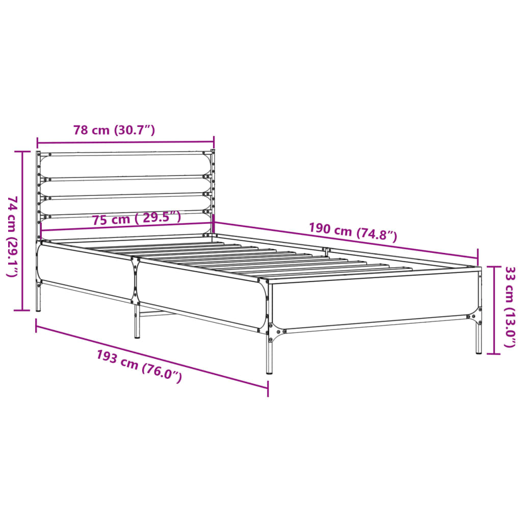 vidaXL Okvir za krevet smeđi hrast 75x190 cm konstruirano drvo i metal