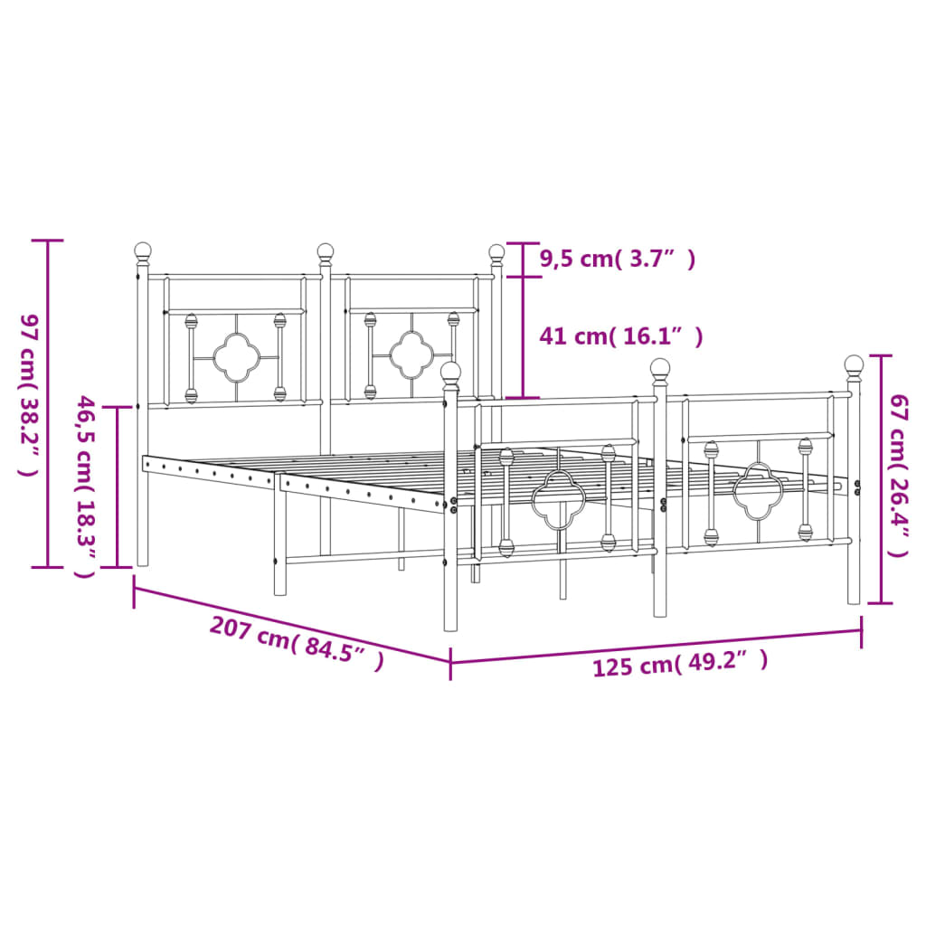 vidaXL Metalni okvir kreveta uzglavlje i podnožje crni 120x200 cm