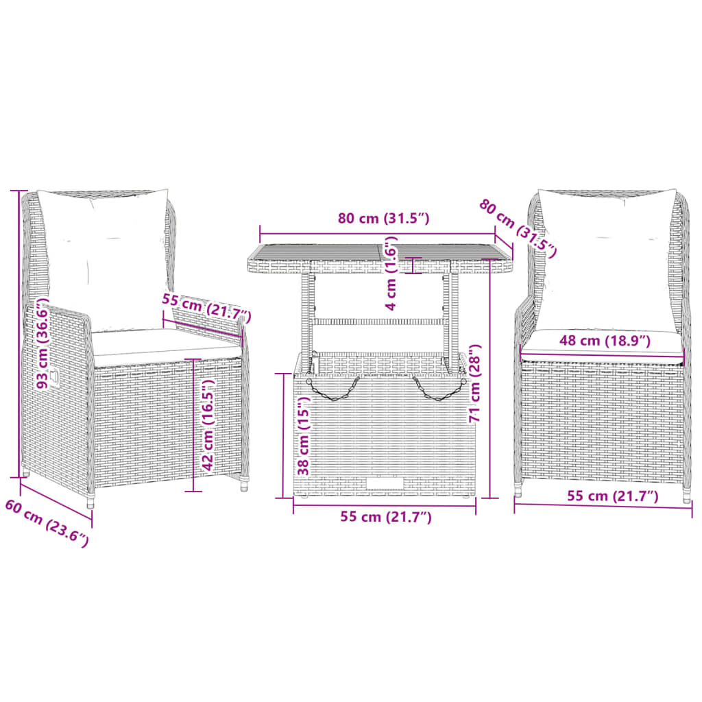 vidaXL 3-dijelni bistro set od poliratana s jastucima sivi