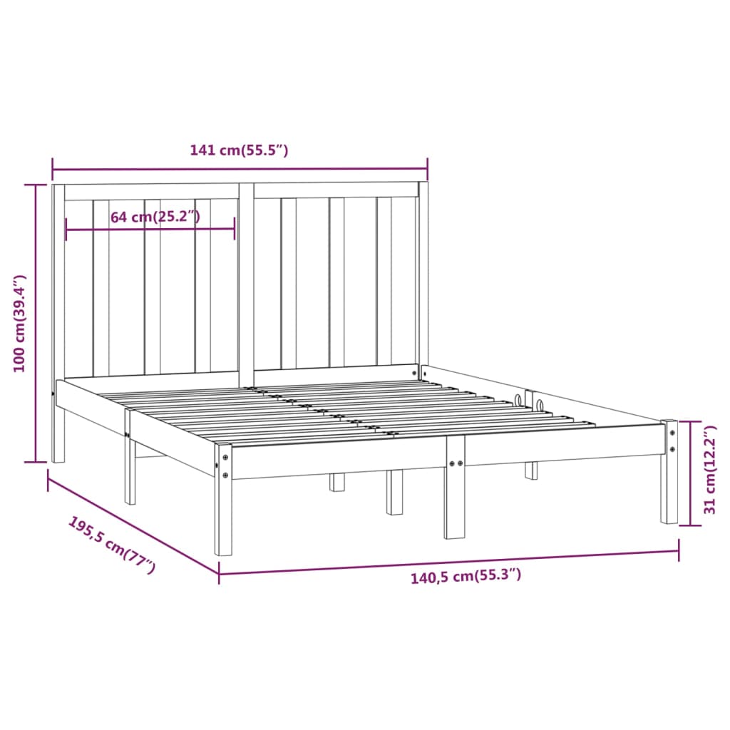 vidaXL Okvir za krevet od masivne borovine crni 135x190 cm 4FT6 bračni