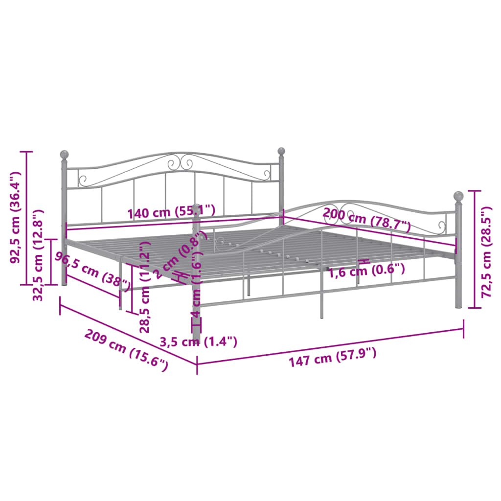 vidaXL Okvir za krevet sivi metalni 140 x 200 cm