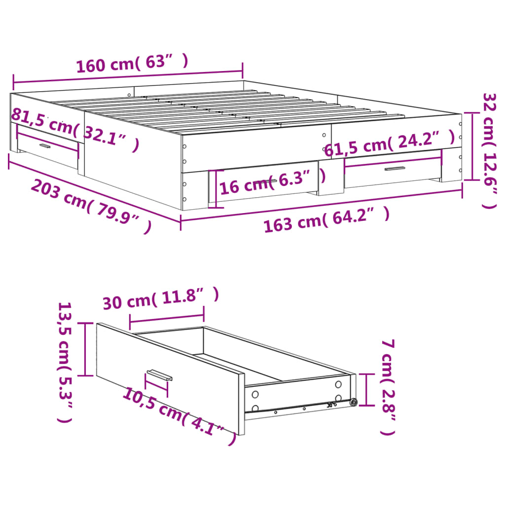 vidaXL Okvir za krevet s ladicama smeđa boja hrasta 160x200 cm drveni