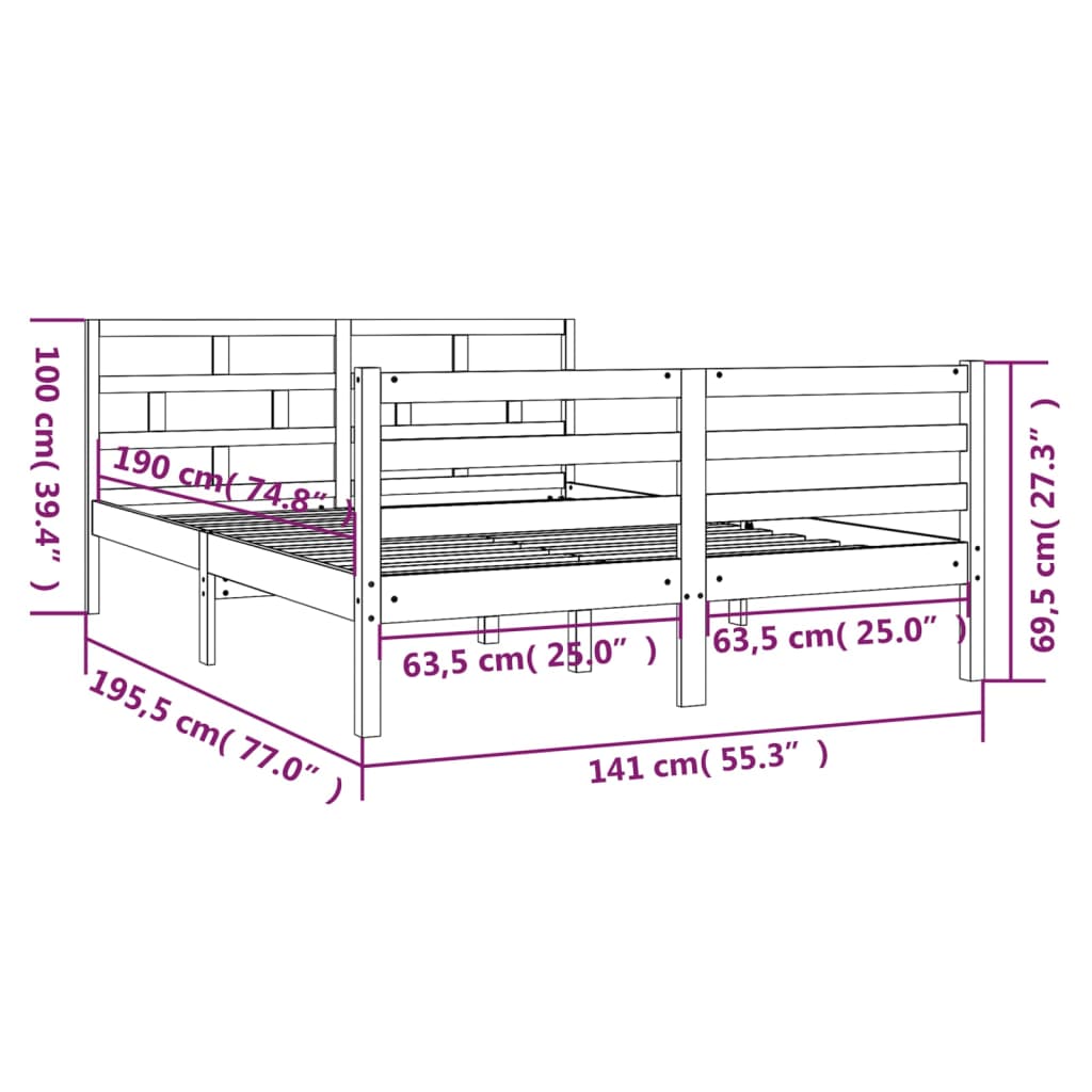 vidaXL Okvir za krevet od masivnog drva bijeli 135x190 cm 4FT6 bračni