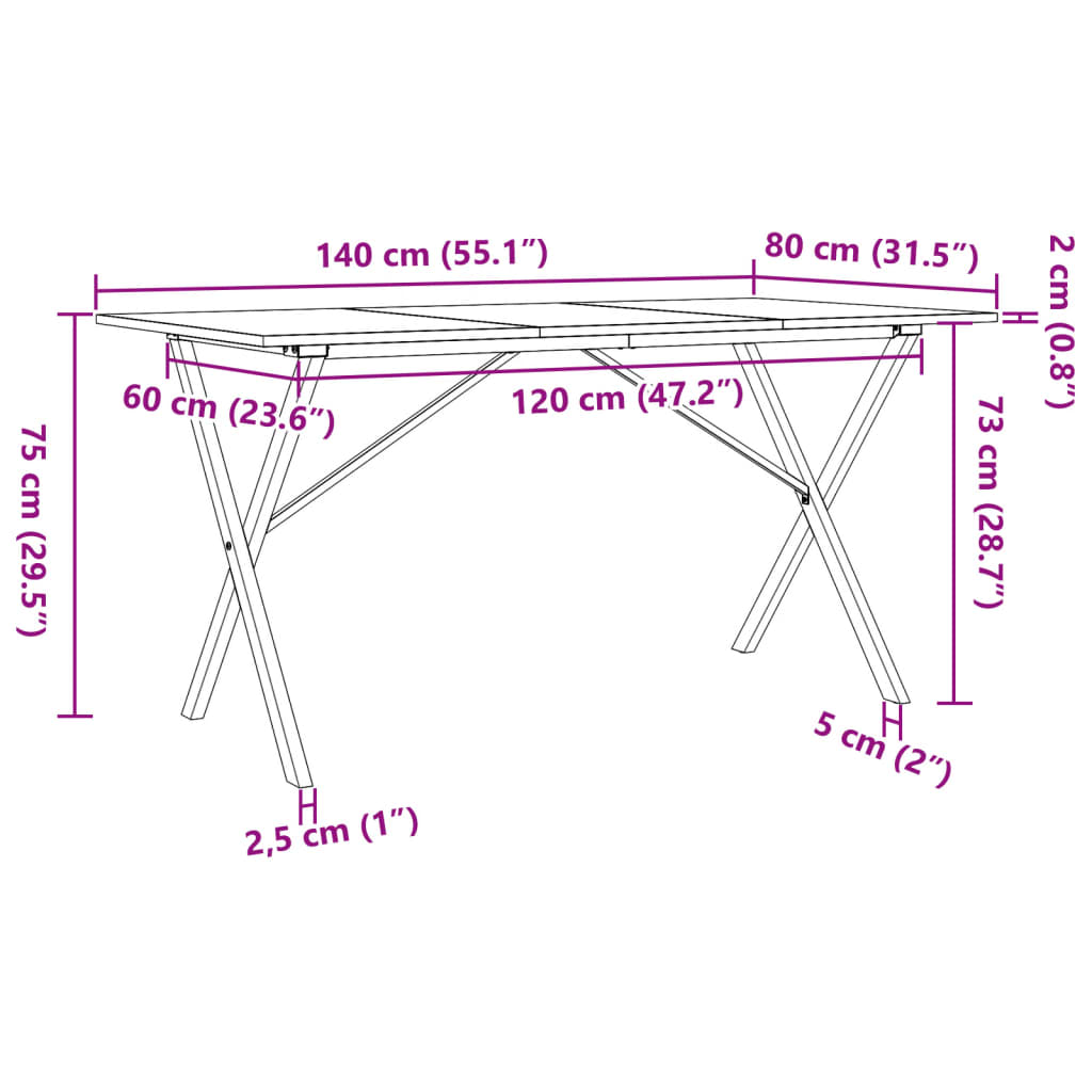 vidaXL Blagovaonski stol X-oblika 140x80x75 cm od borovine i željeza