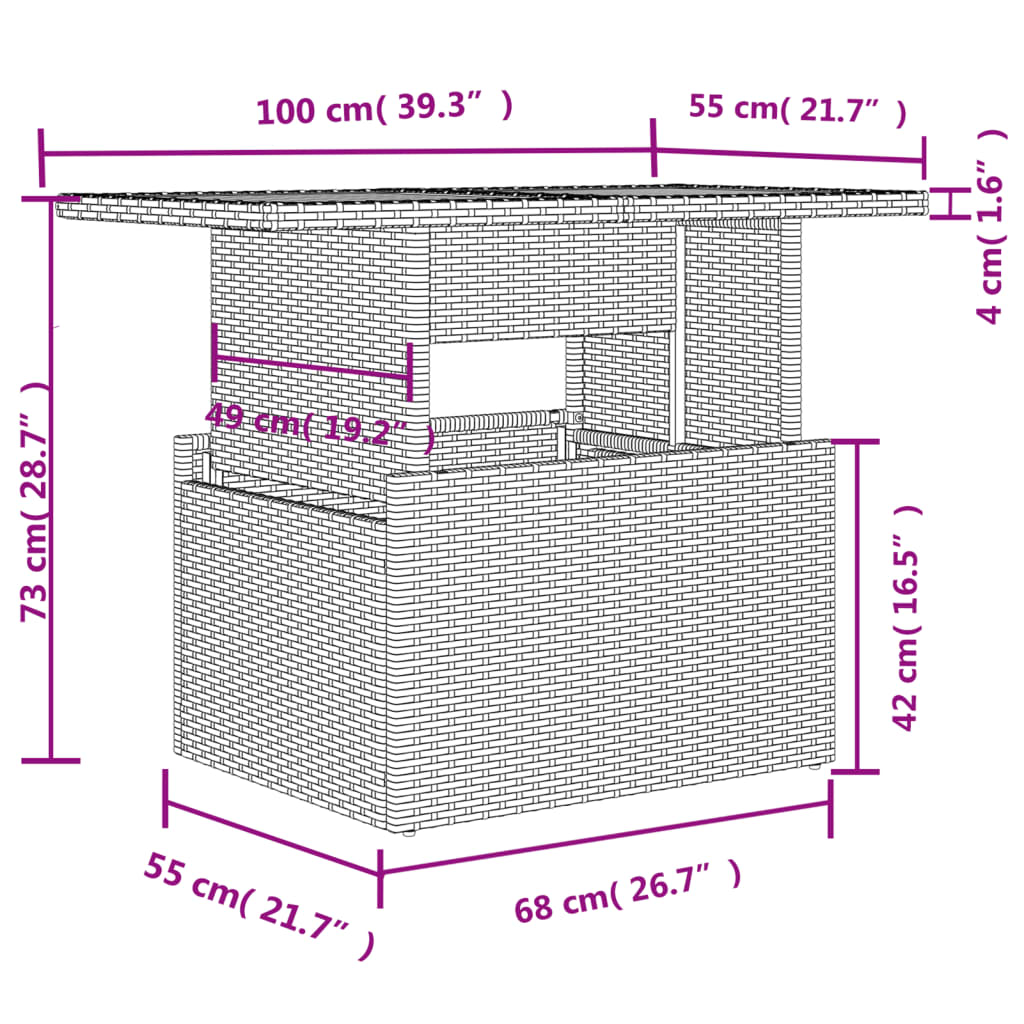 vidaXL Vrtni stol sa staklenom pločom sivi 100x55x73 cm od poliratana