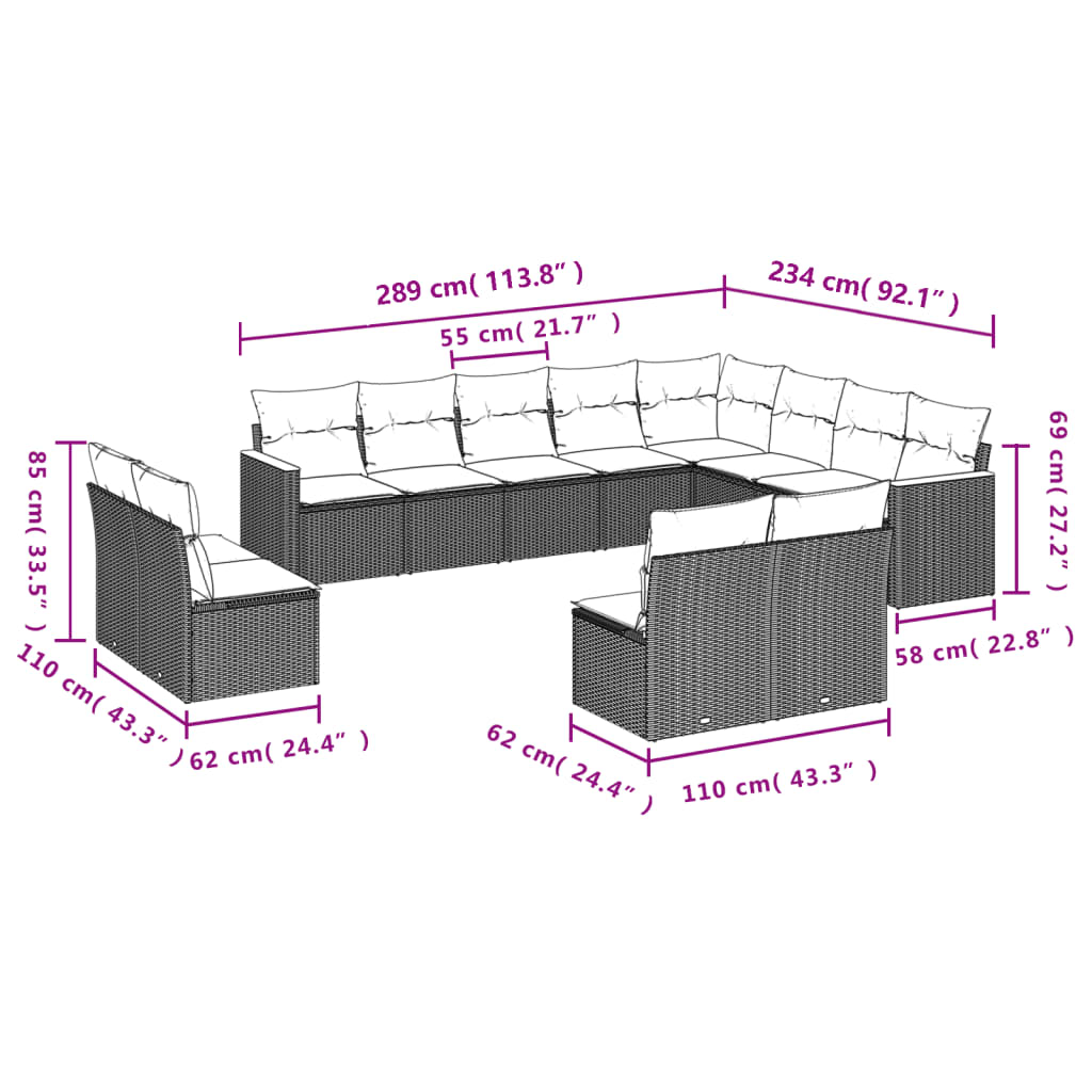 vidaXL 12-dijelni set vrtnih sofa od poliratana s jastucima crni