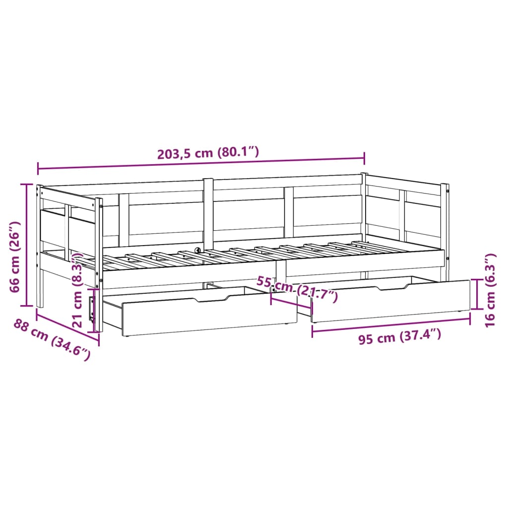 vidaXL Dnevni krevet s ladicama bez madraca 80x200 cm masivno drvo