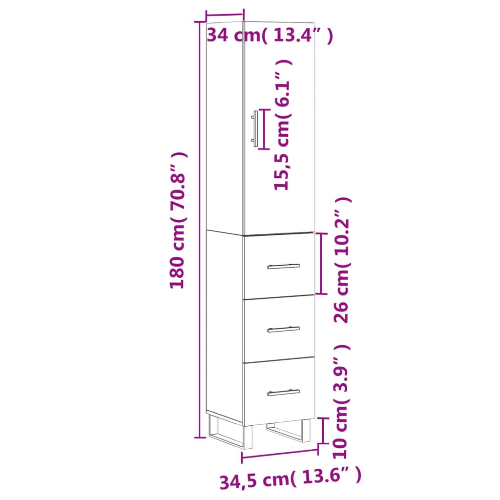 vidaXL Visoka komoda sjajna bijela 34,5x34x180 cm konstruirano drvo