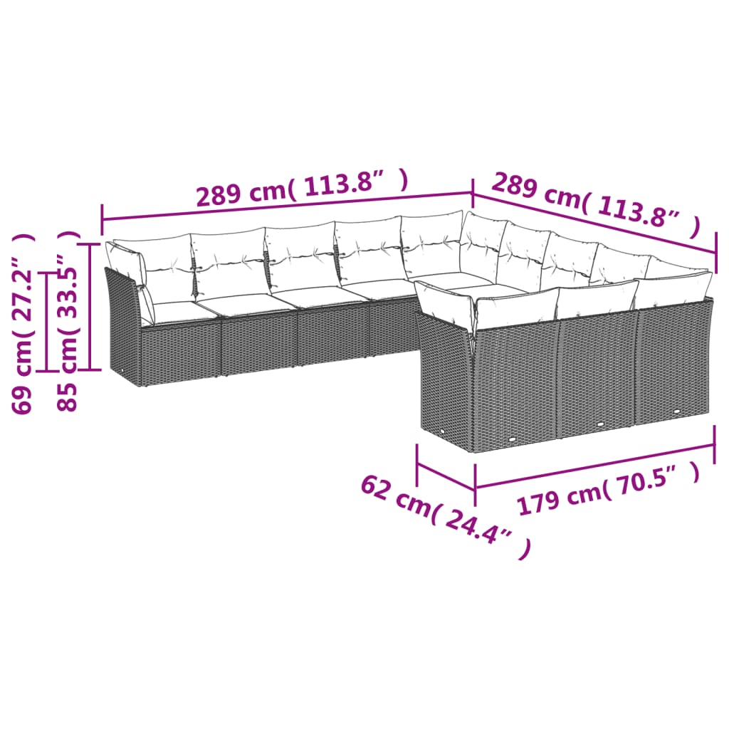 vidaXL 11-dijelni set vrtnih sofa od poliratana s jastucima crni