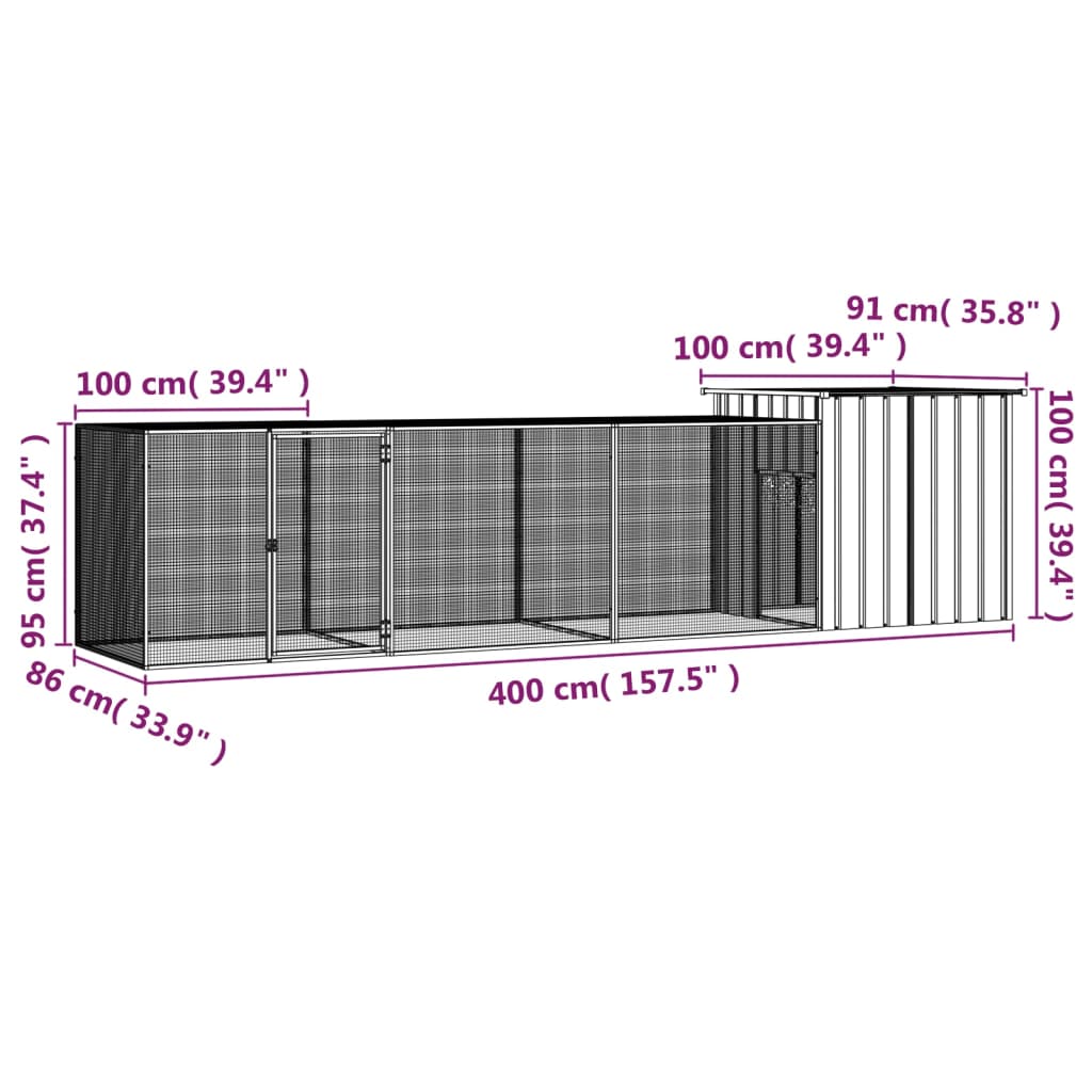 vidaXL Kavez za kokoši sivi 400x91x100 cm od pocinčanog čelika