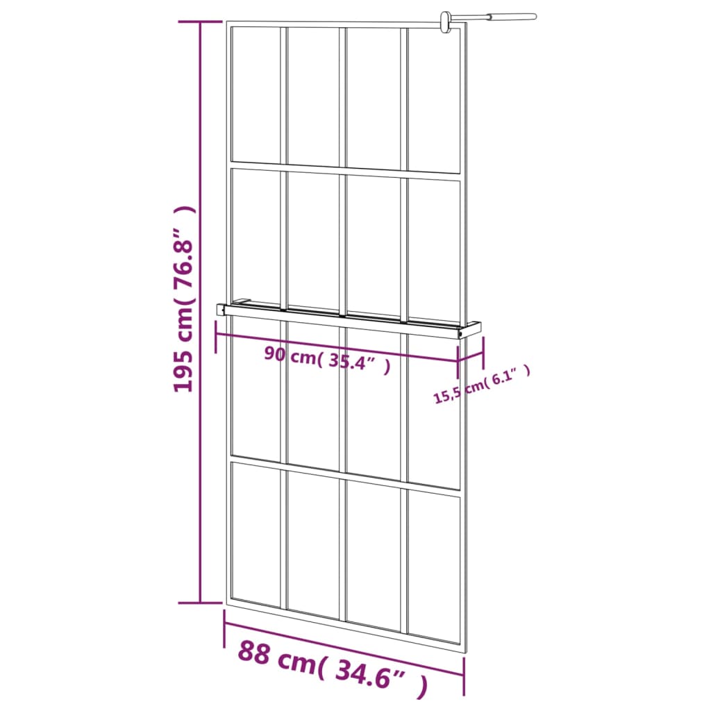 vidaXL Pregrada za tuš s policom crna 90x195 cm staklo ESG i aluminij