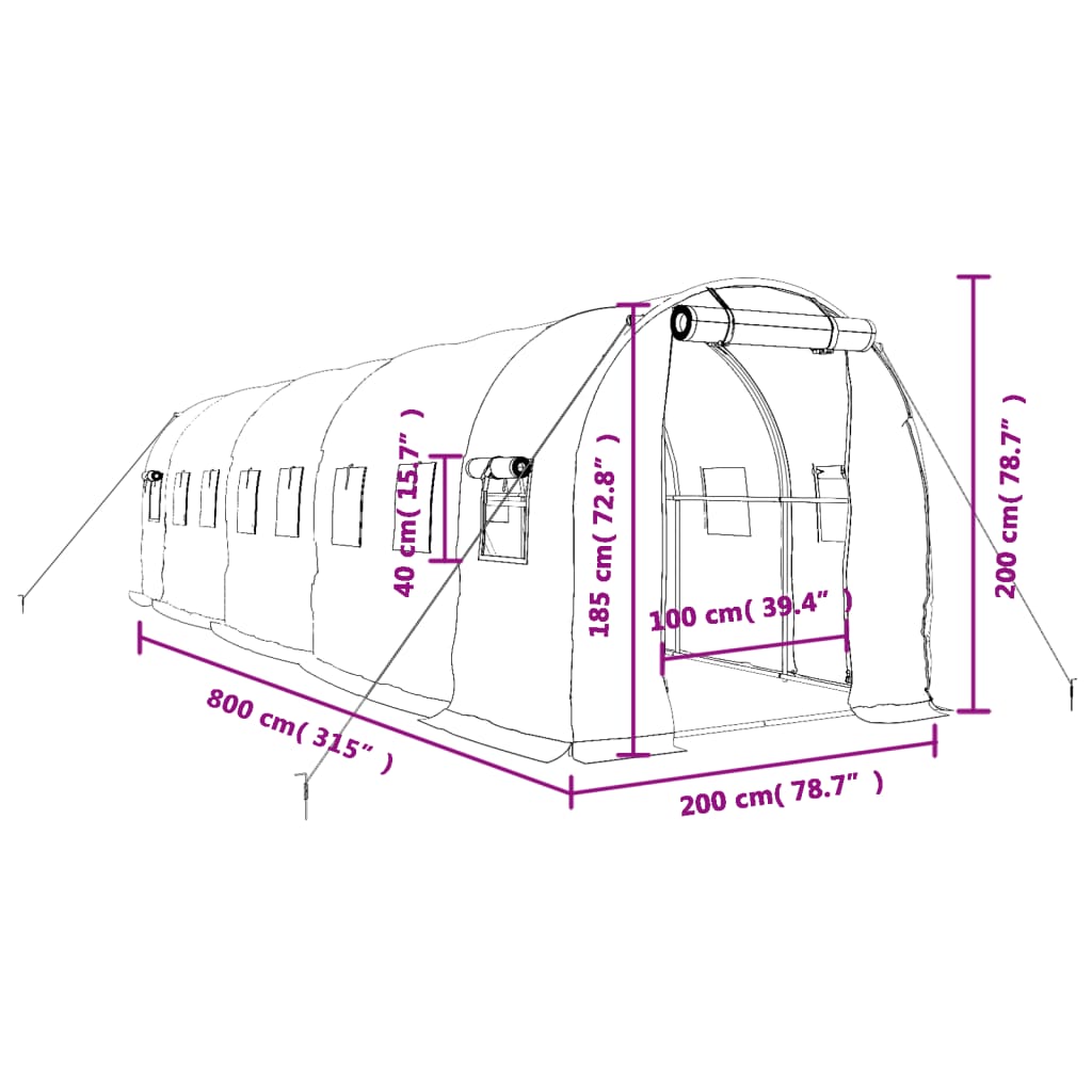 vidaXL Staklenik s čeličnim okvirom bijeli 16 m² 8 x 2 x 2 m