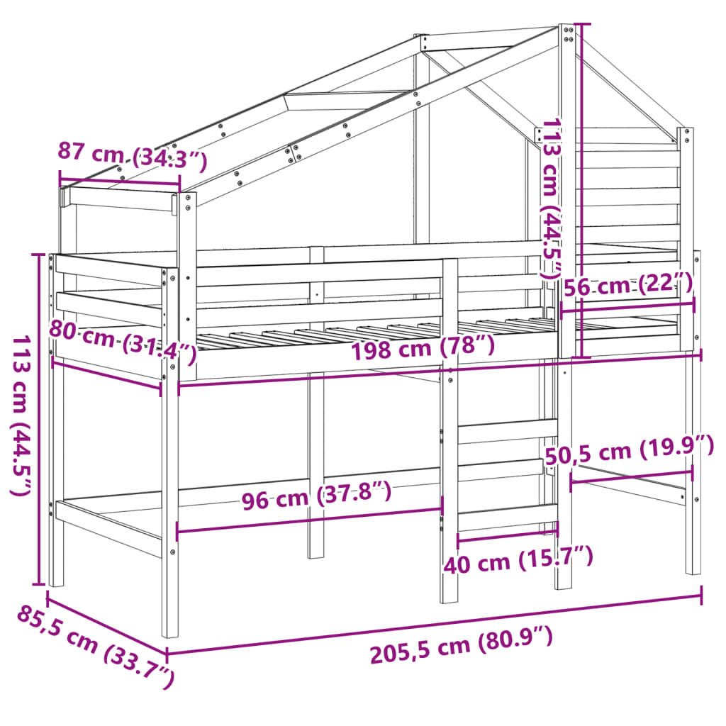 vidaXL Krevet na kat s ljestvama i krovom 80x200 cm od borovine