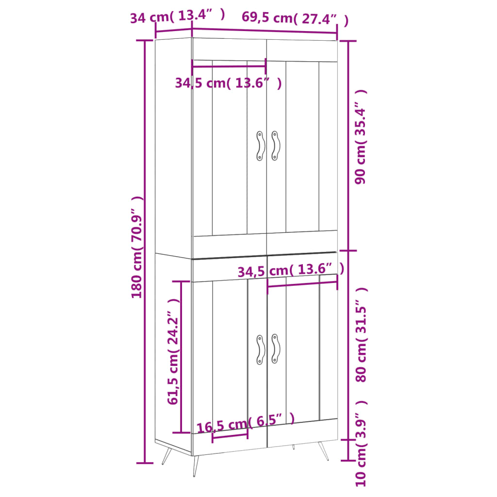 vidaXL Visoka komoda crni 69,5x34x180 cm konstruirano drvo