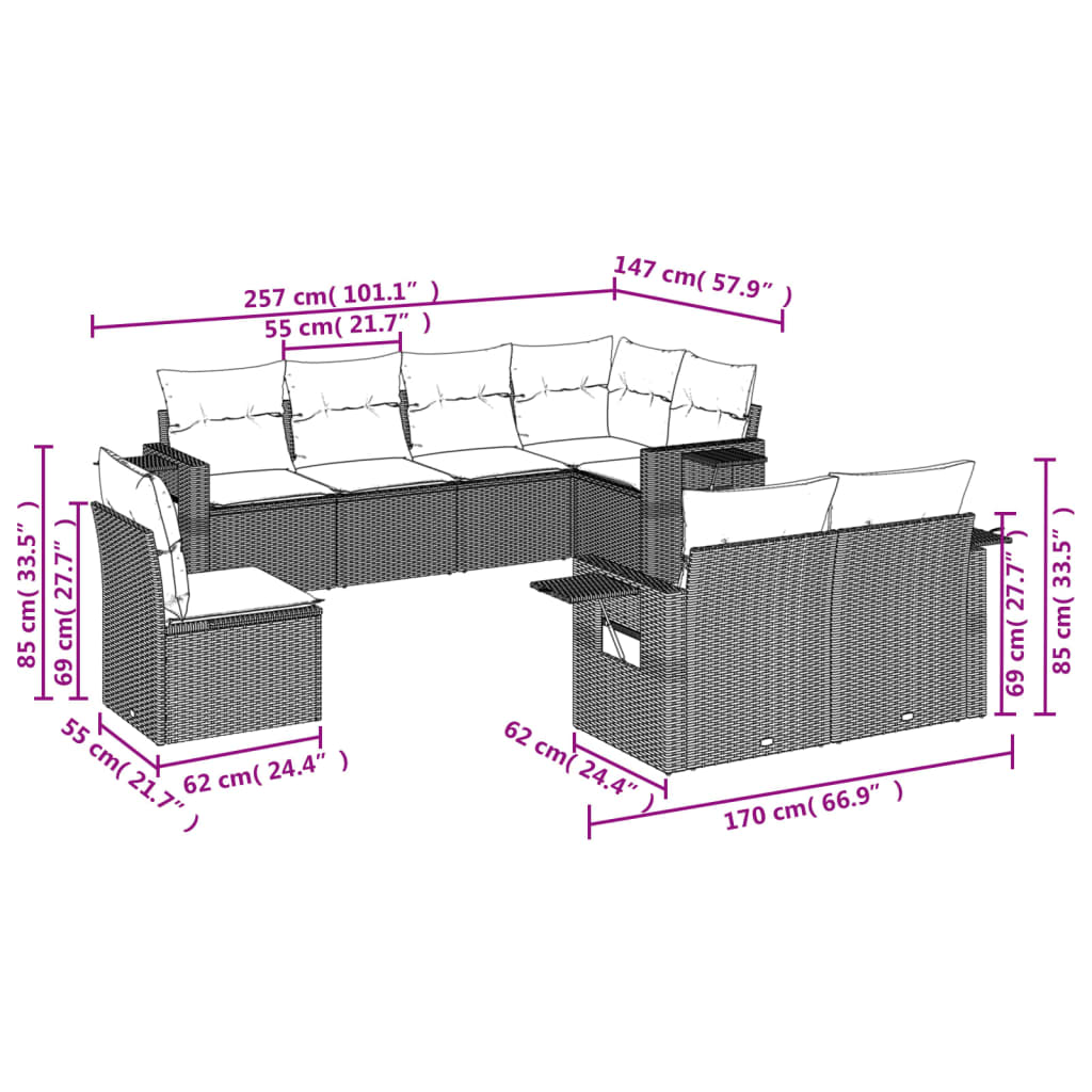 vidaXL 8-dijelni set vrtnih sofa od poliratana s jastucima sivi