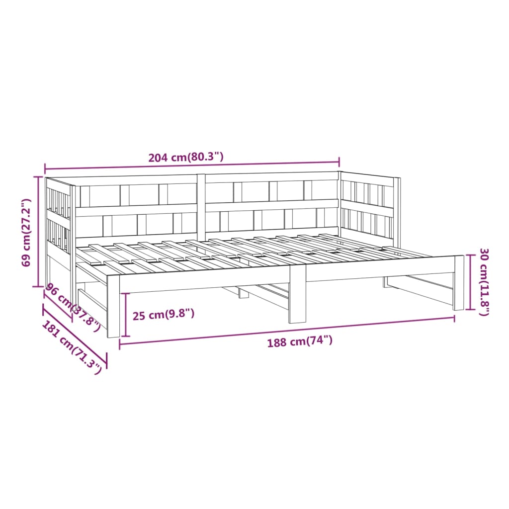 vidaXL Dnevni ležaj na izvlačenje sivi masivna borovina 2x (90x200) cm