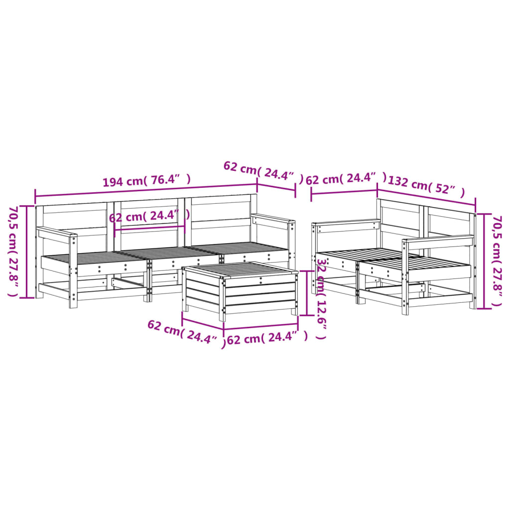 vidaXL 6-dijelni set vrtnih sofa od masivne borovine