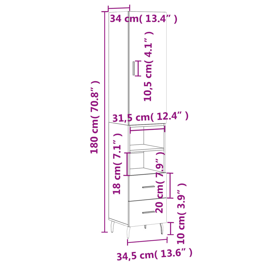 vidaXL Visoka komoda dimljeni hrast 34,5x34x180cm konstruiranog drva