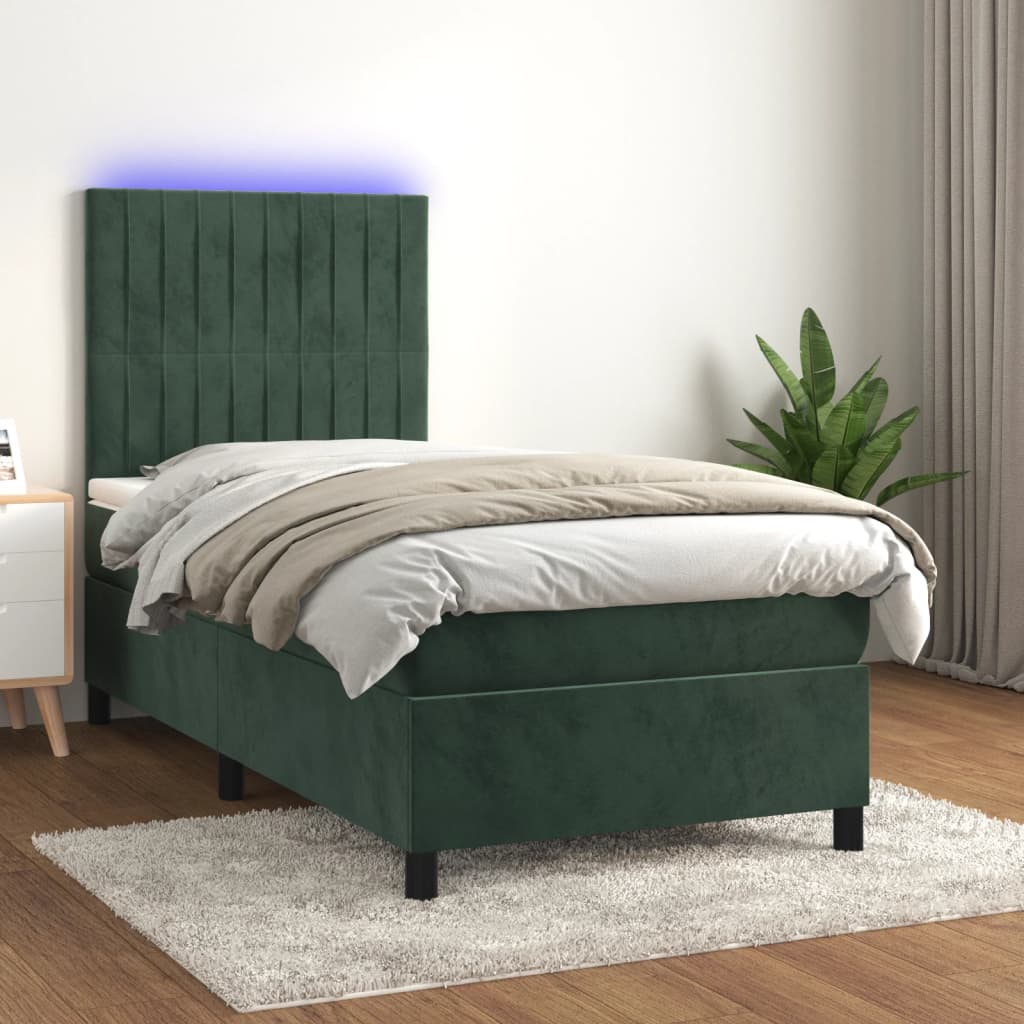 vidaXL Krevet box spring s madracem LED tamnozeleni 90x190 cm baršun