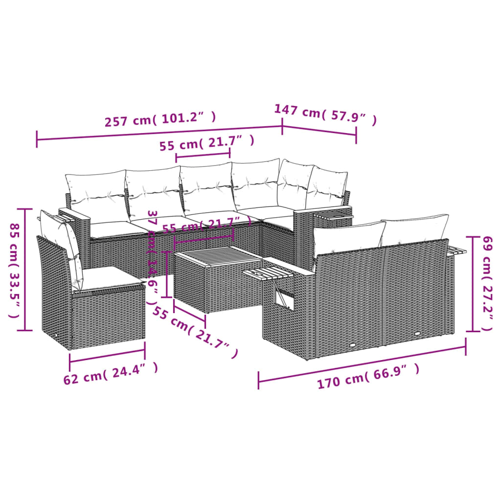 vidaXL 9-dijelni set vrtnih sofa s jastucima bež od poliratana