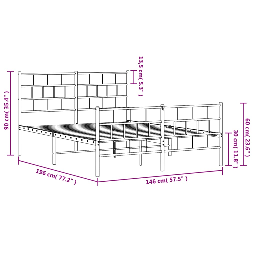 vidaXL Metalni okvir kreveta uzglavlje i podnožje bijeli 140 x 190 cm