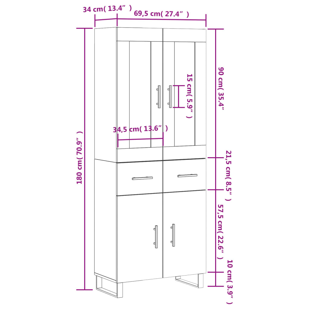 vidaXL Visoka komoda boja hrasta 69,5x34x180 cm od konstruiranog drva