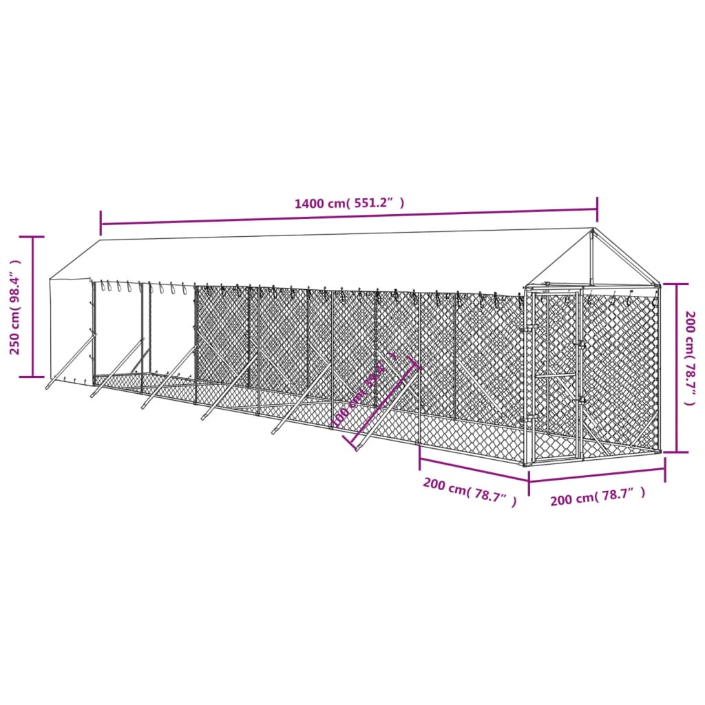 vidaXL Vanjski kavez za pse s krovom srebrni 2x14x2,5m pocinčani čelik