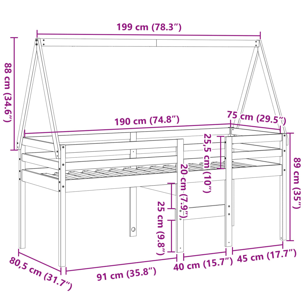 vidaXL Visoki krevet s krovom 75 x 190 cm od masivne borovine