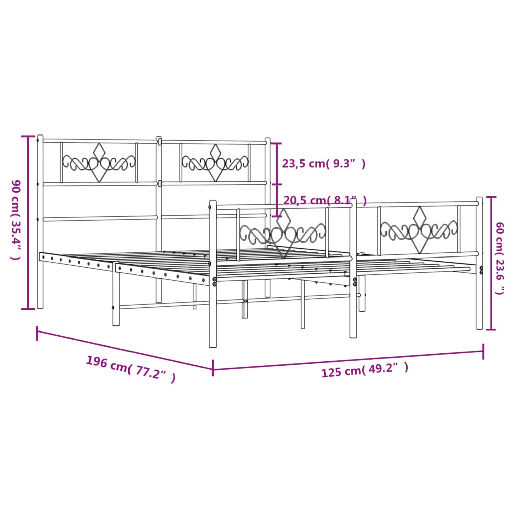 vidaXL Metalni okvir kreveta uzglavlje i podnožje bijeli 120x190 cm