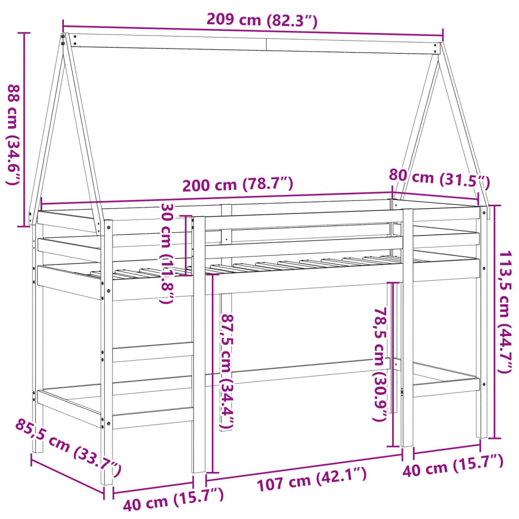 vidaXL Krevet na kat s ljestvama i krovom 80x200 cm od borovine