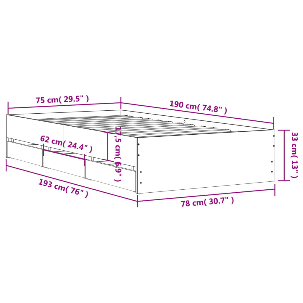 vidaXL Okvir kreveta s ladicama bez madraca bijeli 75x190 cm