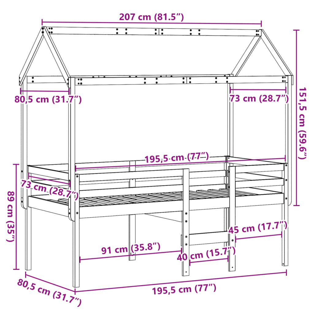 vidaXL Visoki krevet s krovom 75 x 190 cm od masivne borovine