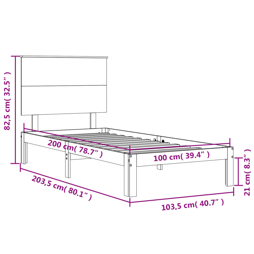 vidaXL Okvir za krevet s uzglavljem crni 100x200 cm od masivnog drva