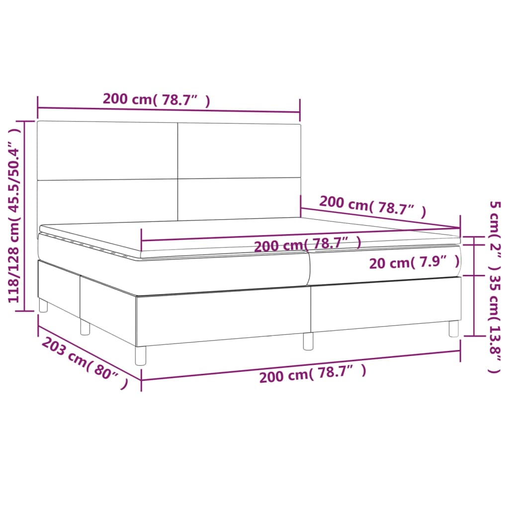 vidaXL Krevet box spring s madracem LED svjetlosivi 200x200 cm tkanina