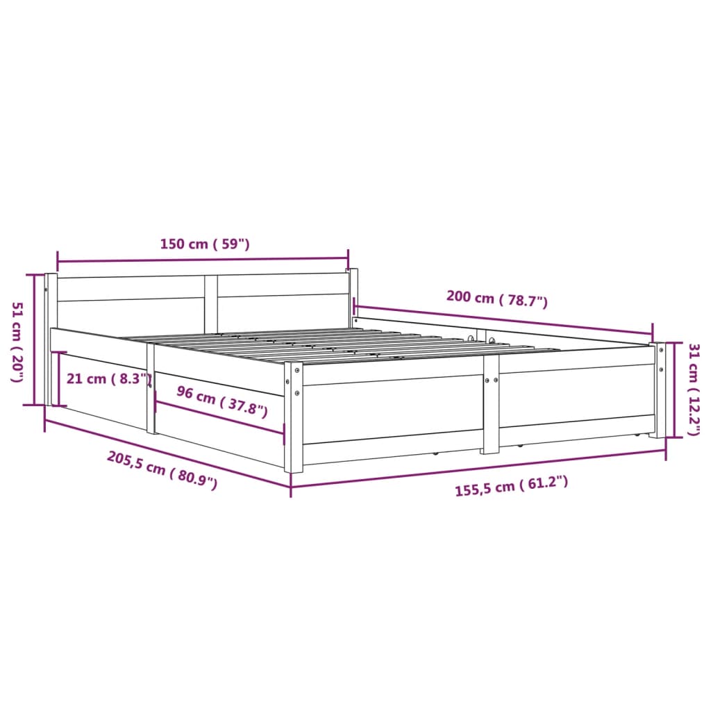 vidaXL Okvir za krevet s ladicama bijeli 150x200 cm 5FT veliki bračni