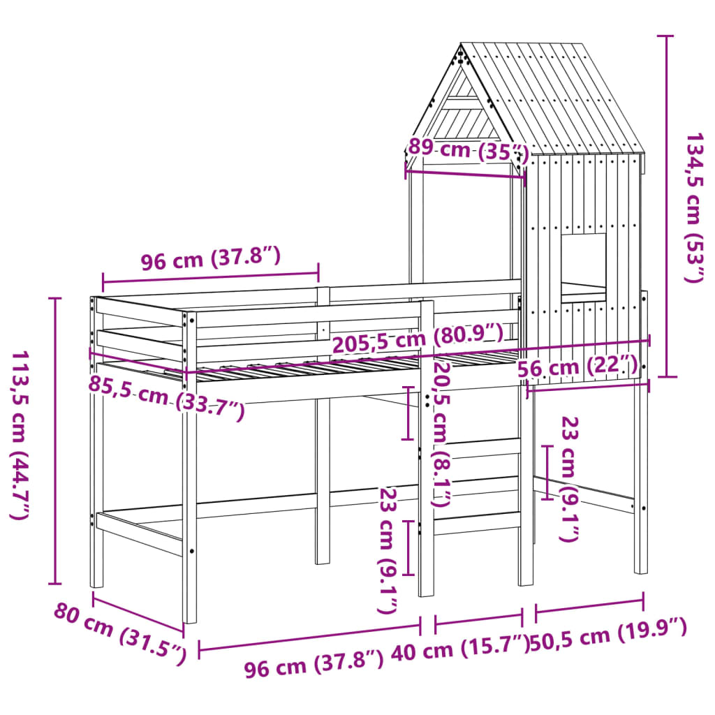 vidaXL Krevet na kat s ljestvama i krovom bijeli 80x200 cm od borovine