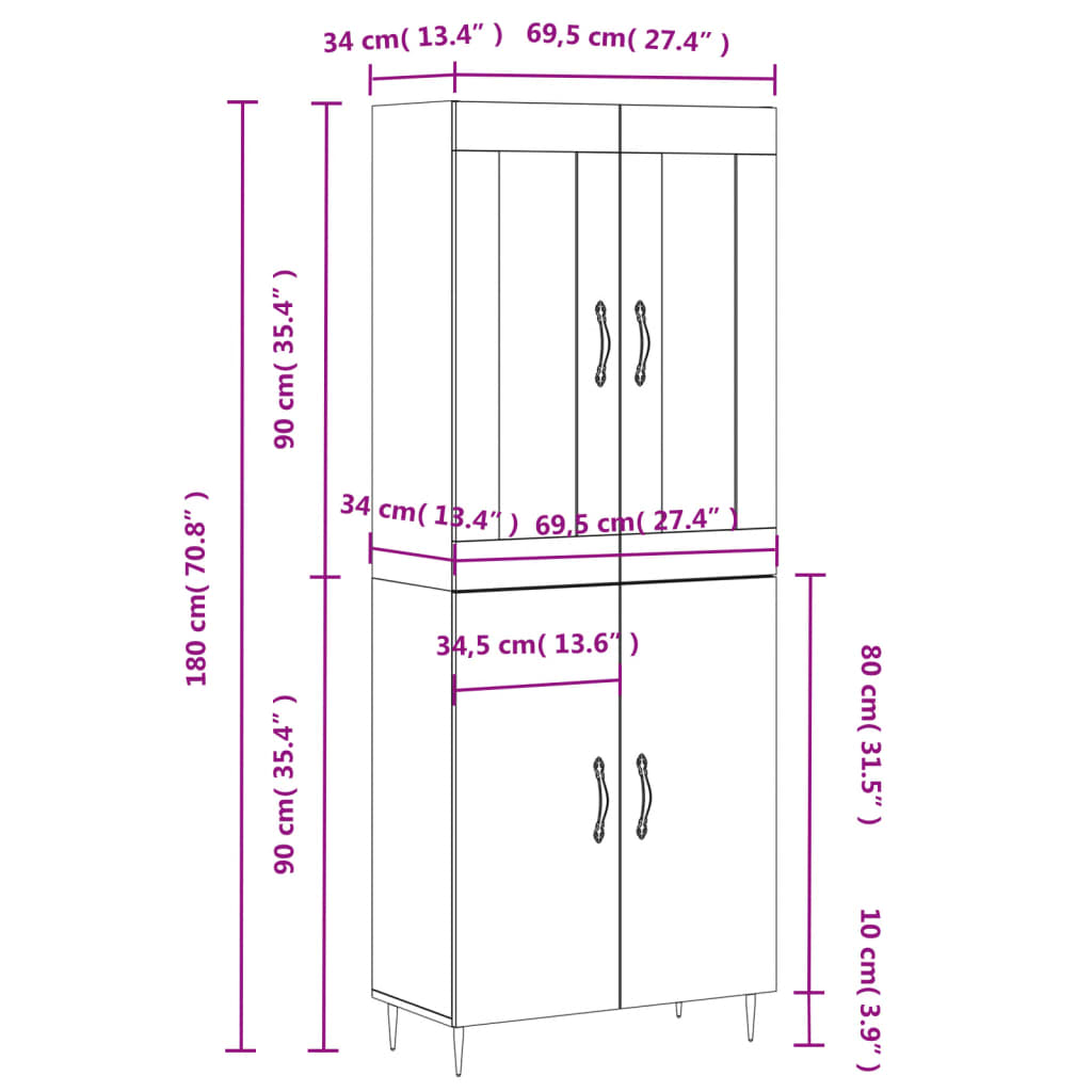 vidaXL Visoka komoda dimljeni hrast 69,5x34x180 cm konstruiranog drva