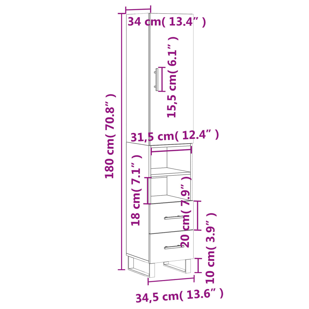 vidaXL Visoka komoda boja hrasta 34,5x34x180 cm od konstruiranog drva