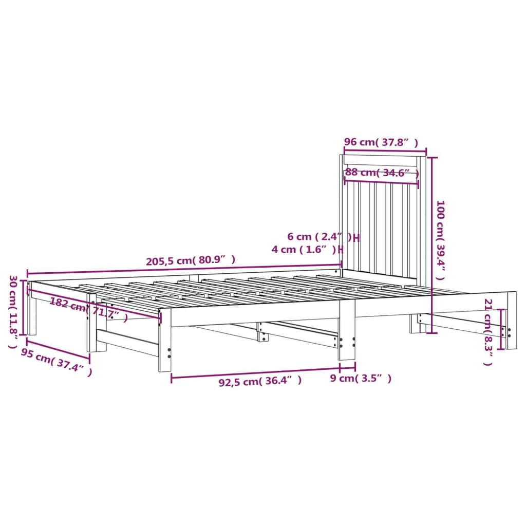 vidaXL Dnevni ležaj na izvlačenje crni 2x(90x200) cm masivna borovina