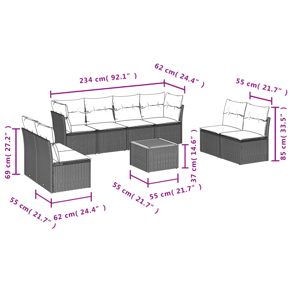 vidaXL 9-dijelni set vrtnih sofa s jastucima crni od poliratana