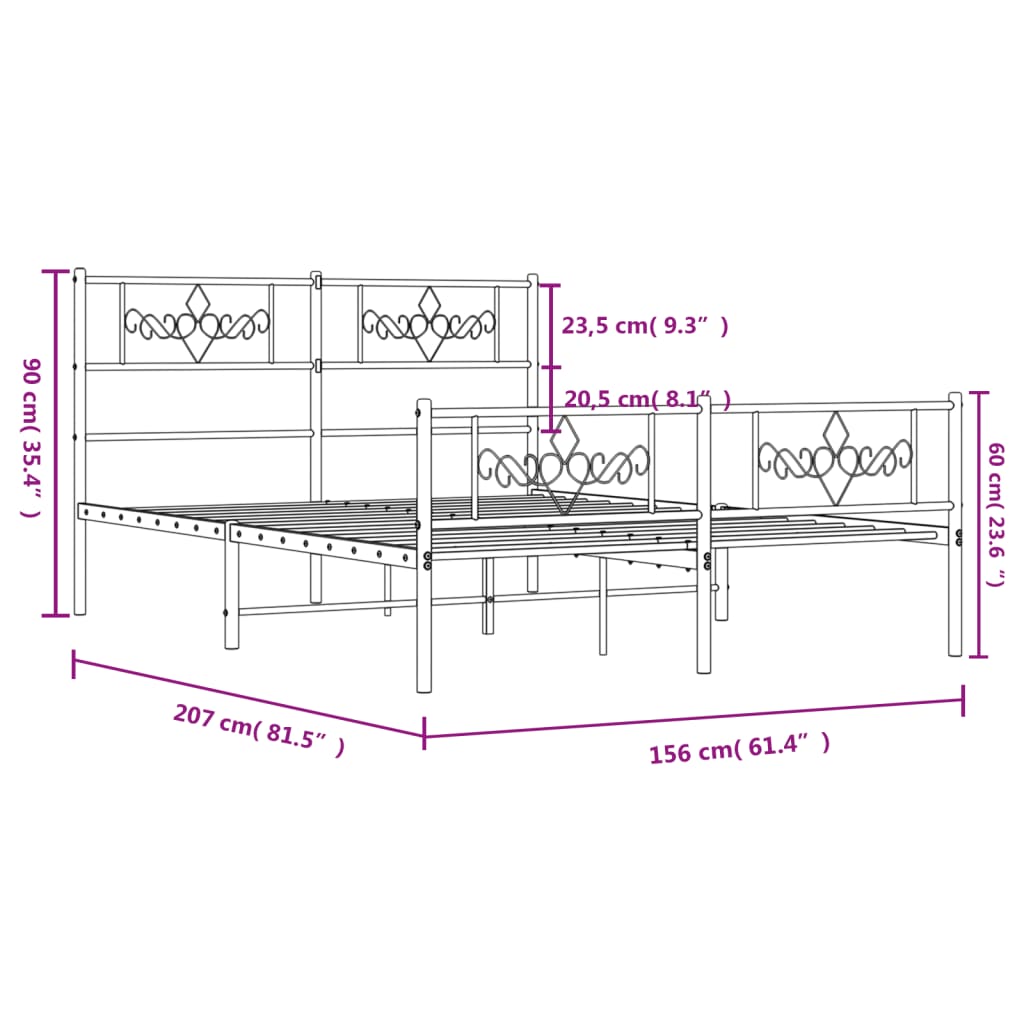 vidaXL Metalni okvir kreveta uzglavlje i podnožje crni 150x200 cm