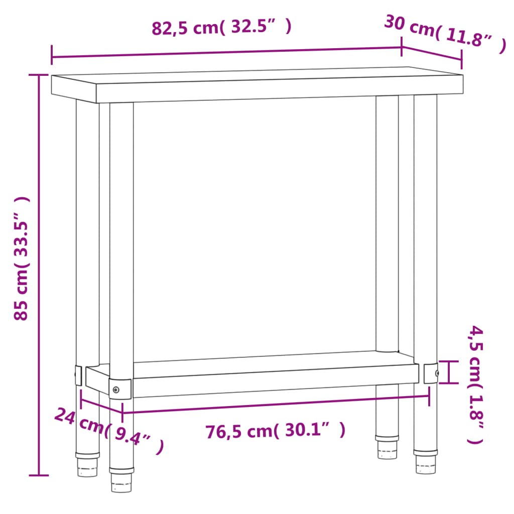 vidaXL Kuhinjski radni stol 82,5x30x85 cm od nehrđajućeg čelika