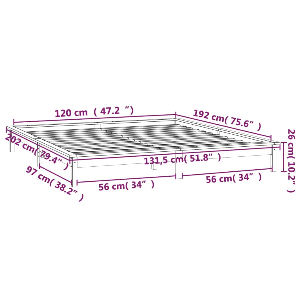 vidaXL LED okvir kreveta 120 x 190 cm mali bračni od masivnog drva