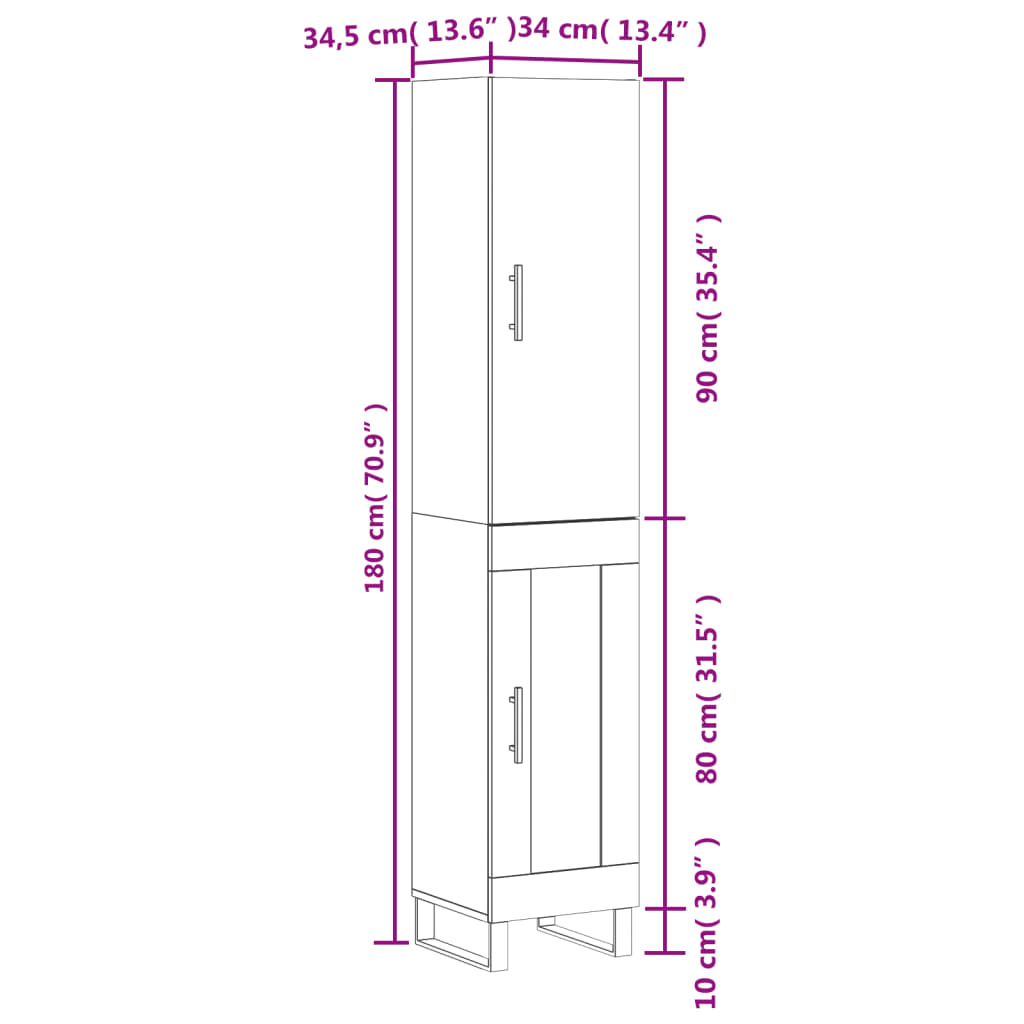 vidaXL Visoka komoda bijeli 34,5x34x180 cm od konstruiranog drva